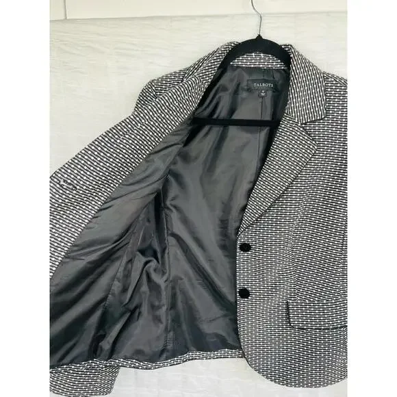 Talbots Black White Patterned Blazer Button Notched Lapel Front Pockets Size 10 - Picture 3 of 13